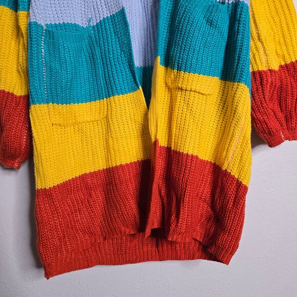 Colorful Rainbow Striped Chunky Knit Duster Cardigan Size M - Picture 4 of 10